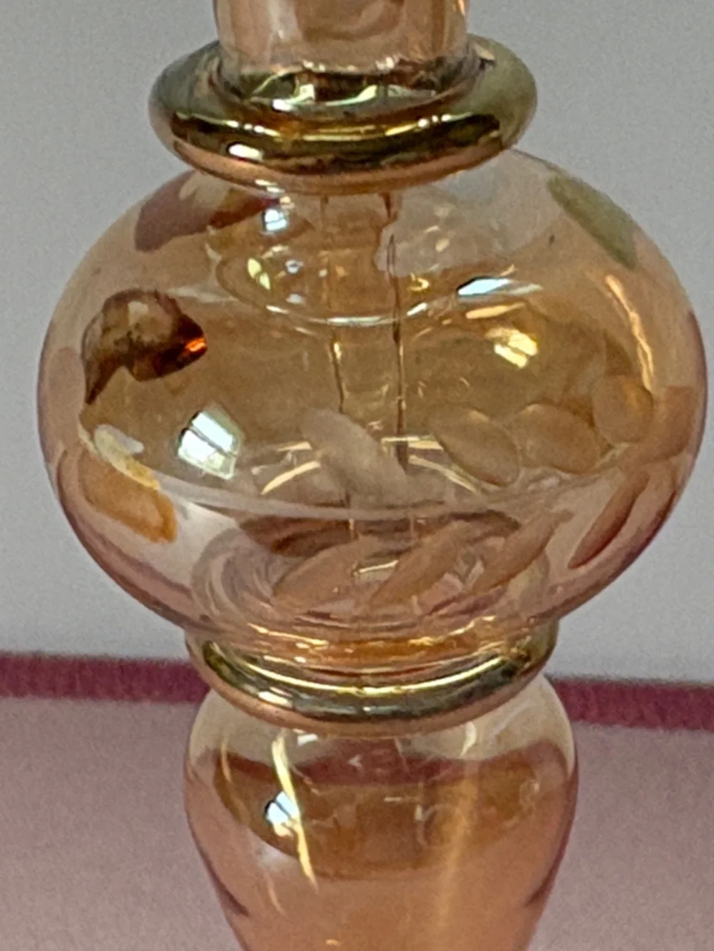 Egyptian Handblown Amber and Gold Glass Bottle with Decorative Stopper